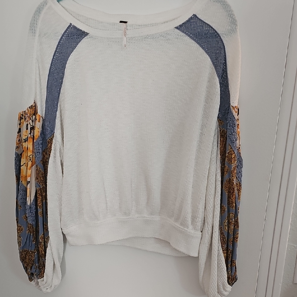 We The Free White and Blue Blouse